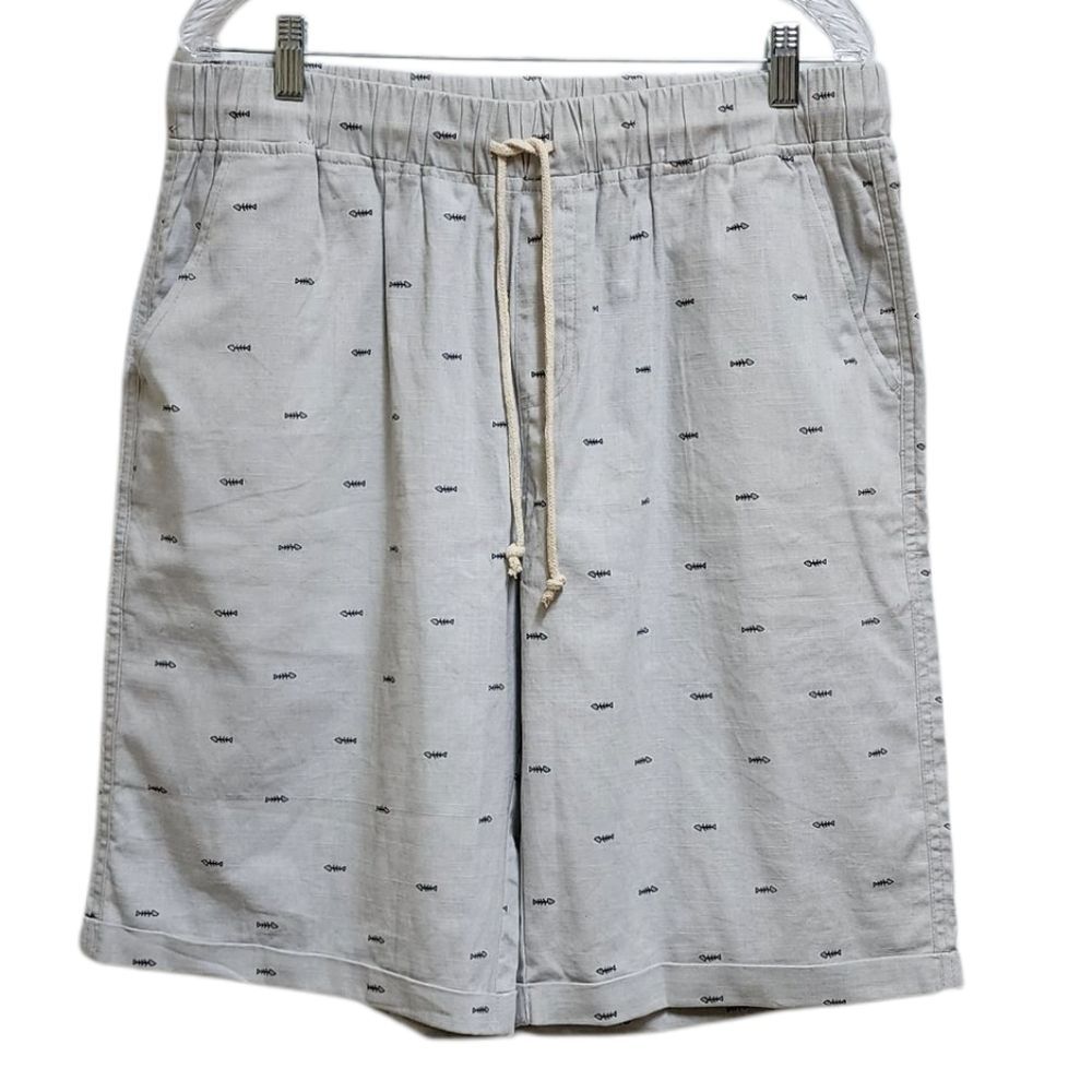 Mens Linen Blend Fish Bone Print Shorts Drawstring Pull On Size XL Beach Casual